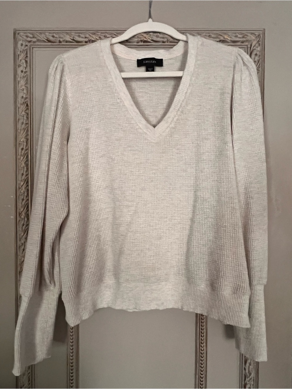 Karen Kane Waffle Knit Sweater XL | Cream V-Neck Puff Sleeve Top